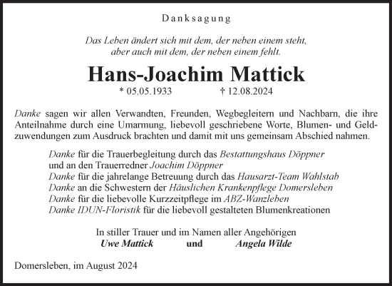Traueranzeige von Hans-Joachim Mattick von Volksstimme Oschersleben/Wanzleben
