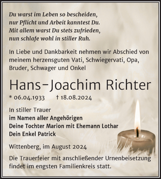 Traueranzeige von Hans-Joachim Richter von Trauerkombi Wittenberg