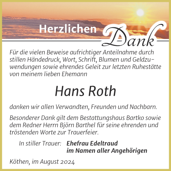 Traueranzeige von Hans Roth von Trauerkombi Köthen