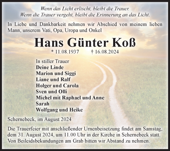 Traueranzeige von Hans Günter Koß von Volksstimme Altmark Ost