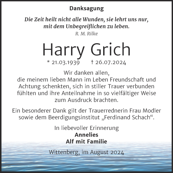 Traueranzeige von Harry Grich von Trauerkombi Wittenberg