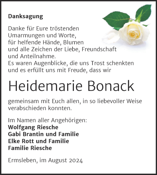 Traueranzeige von Heidemarie Bonack von Trauerkombi Quedlinburg