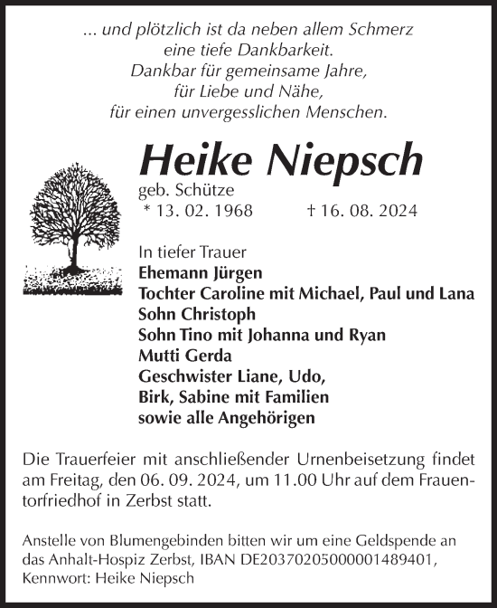 Traueranzeige von Heike Niepsch von Volksstimme Zerbst
