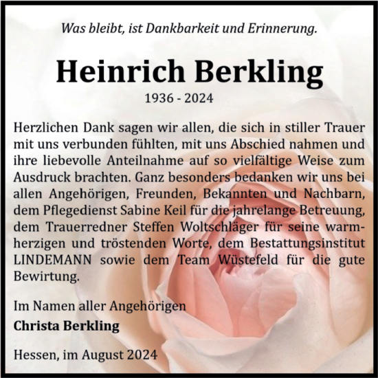Traueranzeige von Heinrich Berkling von Volksstimme Halberstadt