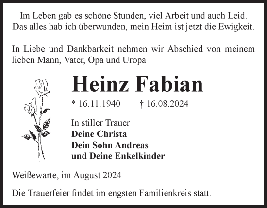 Traueranzeige von Heinz Fabian von Volksstimme Altmark Ost