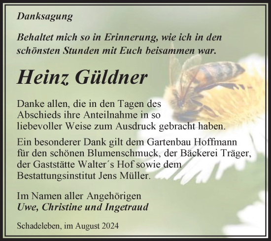 Traueranzeige von Heinz Güldner von Trauerkombi Aschersleben
