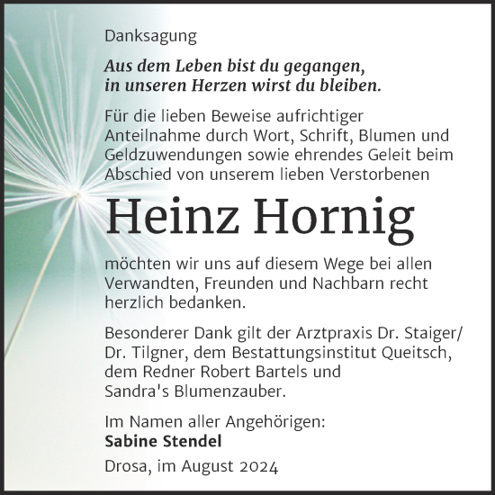 Traueranzeige von Heinz Hornig von Trauerkombi Köthen