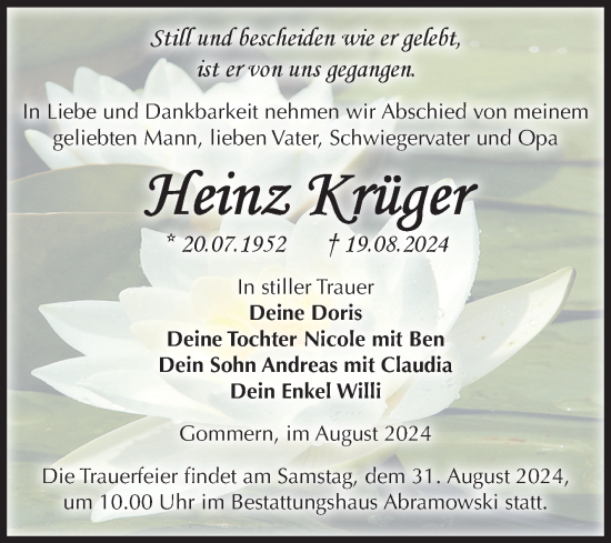 Traueranzeige von Heinz Krüger von Volksstimme Burg/Genthin