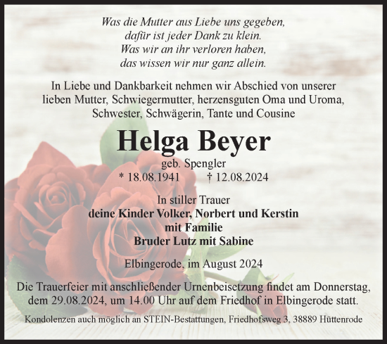 Traueranzeige von Helga Beyer von Volksstimme Wernigerode