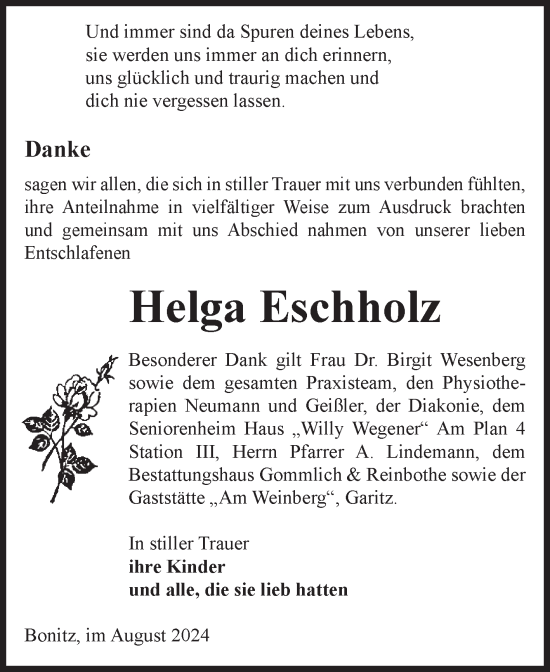 Traueranzeige von Helga Eschholz von Volksstimme Zerbst