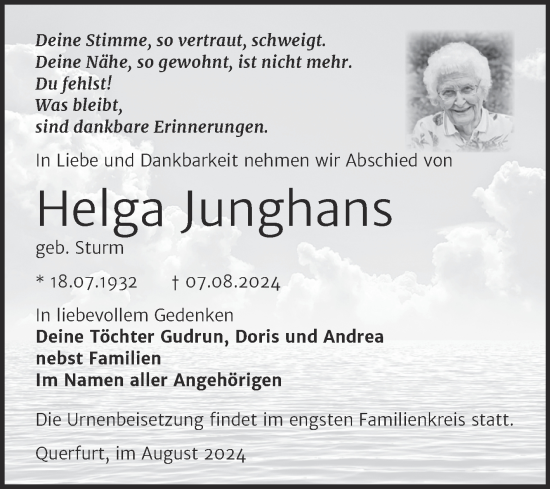 Traueranzeige von Helga Junghans von Trauerkombi Merseburg