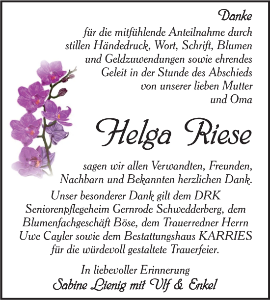 Traueranzeige von Helga Riese von Trauerkombi Quedlinburg