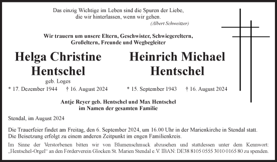 Traueranzeige von Helga Christine und Heinrich Hentschel von Volksstimme Altmark Ost