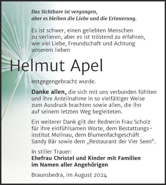 Traueranzeige von Helmut Apel von Trauerkombi Merseburg