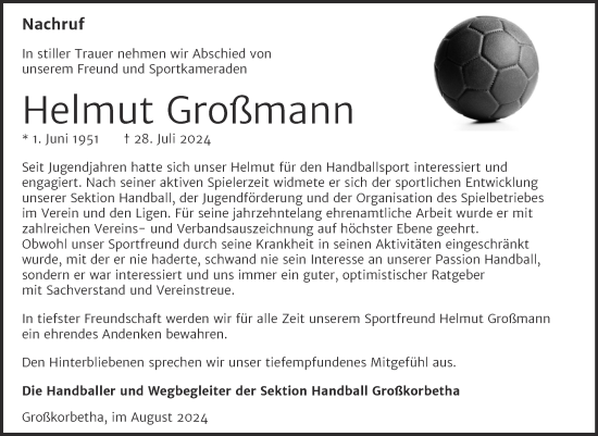 Traueranzeige von Helmut Großmann von Trauerkombi Weißenfels