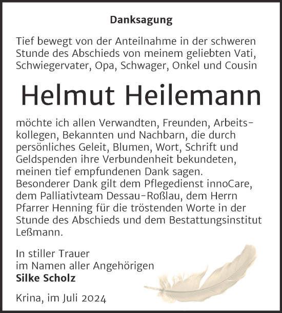 Traueranzeige von Helmut Heilemann von Trauerkombi Bitterfeld