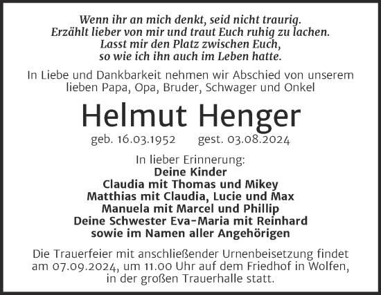 Traueranzeige von Helmut Henger von Trauerkombi Bitterfeld