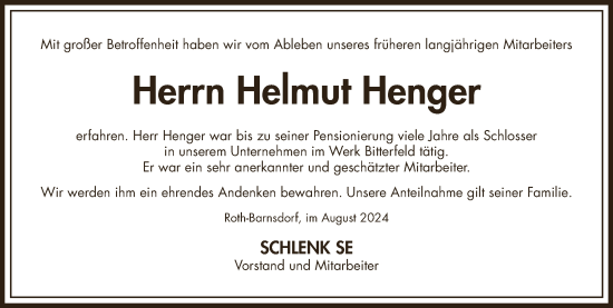 Traueranzeige von Helmut Henger von SuperSonntag Bitterfeld