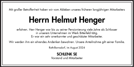 Traueranzeige von Helmut Henger von Mitteldeutsche Zeitung Bitterfeld