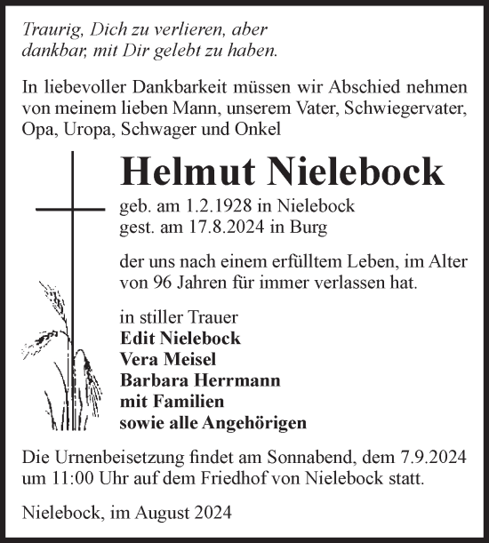 Traueranzeige von Helmut Nielebock von Volksstimme Burg/Genthin