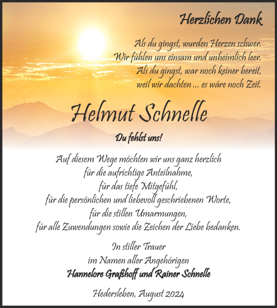 Traueranzeige von Helmut Schnelle von Trauerkombi Quedlinburg