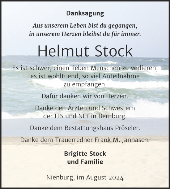Traueranzeige von Helmut Stock von Trauerkombi Bernburg