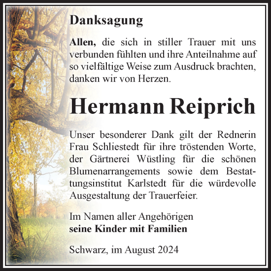 Traueranzeige von Hermann Reiprich von Volksstimme Schönebeck