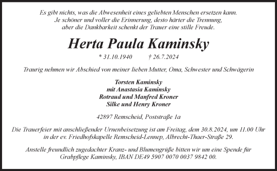 Traueranzeige von Herta Paula Kaminsky von Volksstimme Altmark Ost