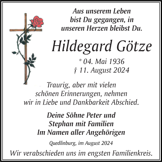 Traueranzeige von Hildegard Götze von Trauerkombi Quedlinburg