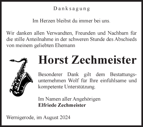 Traueranzeige von Horst Zechmeister von Volksstimme Wernigerode