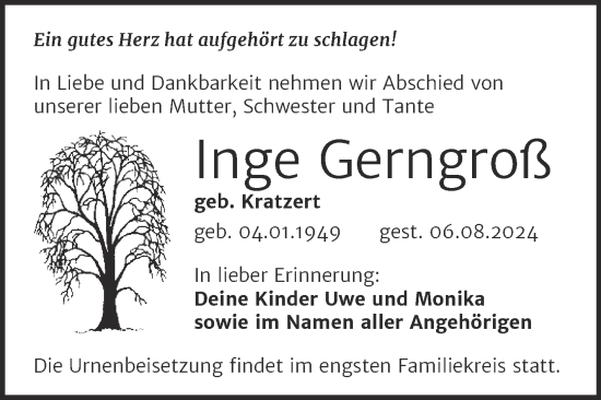 Traueranzeige von Inge Gerngroß von SuperSonntag Bitterfeld