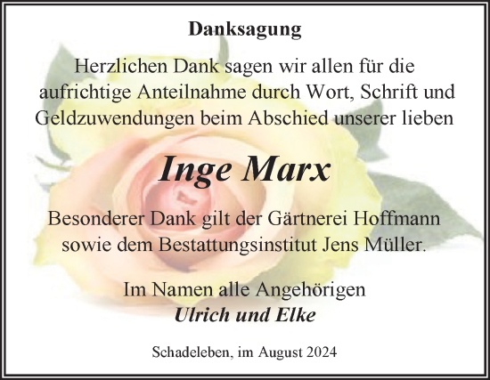 Traueranzeige von Inge Marx von Trauerkombi Aschersleben