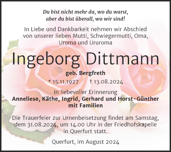Traueranzeige von Ingeborg Dittmann von Trauerkombi Merseburg