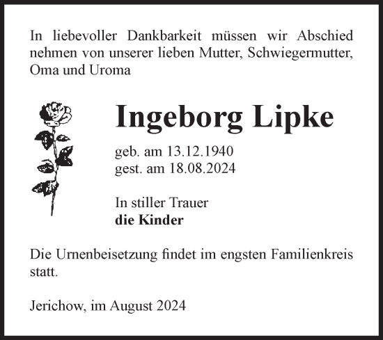 Traueranzeige von Ingeborg Lipke von Volksstimme Burg/Genthin