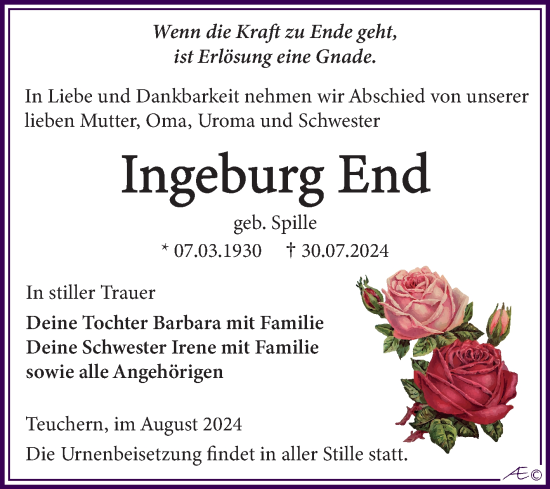 Traueranzeige von Ingeburg End von Trauerkombi Weißenfels