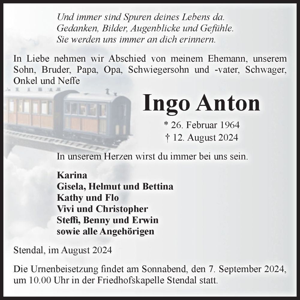  Traueranzeige für Ingo Anton vom 24.08.2024 aus Volksstimme Altmark Ost