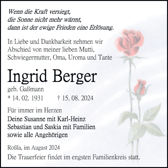 Traueranzeige von Ingrid Berger von Trauerkombi Sangerhausen