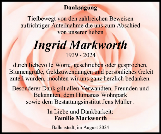 Traueranzeige von Ingrid Markworth von Trauerkombi Quedlinburg