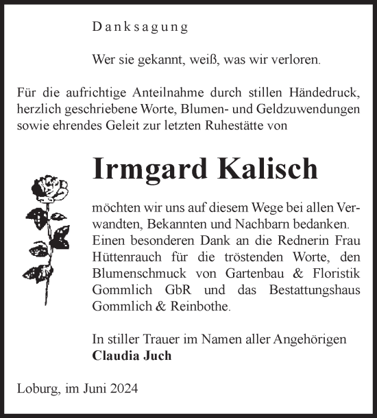 Traueranzeige von Irmgard Kalisch von Volksstimme Zerbst
