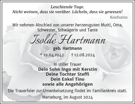 Traueranzeige von Isolde Hartmann von Trauerkombi Merseburg