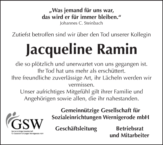 Traueranzeige von Jacqueline Ramin von Volksstimme Wernigerode