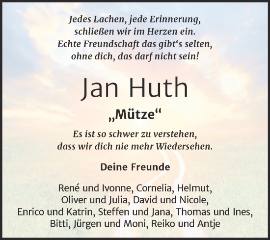 Traueranzeige von Jan Huth von Trauerkombi Wittenberg