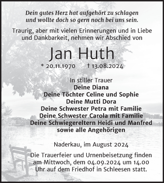 Traueranzeige von Jan Huth von Trauerkombi Wittenberg