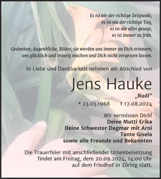Traueranzeige von Jens Hauke von Trauerkombi Bitterfeld