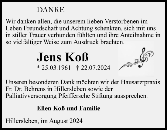 Traueranzeige von Jens Koß von Volksstimme Haldensleben/Wolmirstedt
