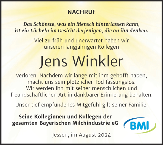 Traueranzeige von Jens Winkler von Super Sonntag Wittenberg