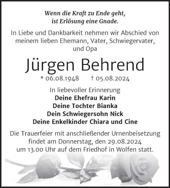Traueranzeige von Jürgen Behrend von Trauerkombi Bitterfeld