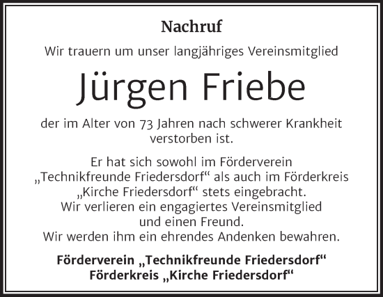 Traueranzeige von Jürgen Friebe von Trauerkombi Bitterfeld