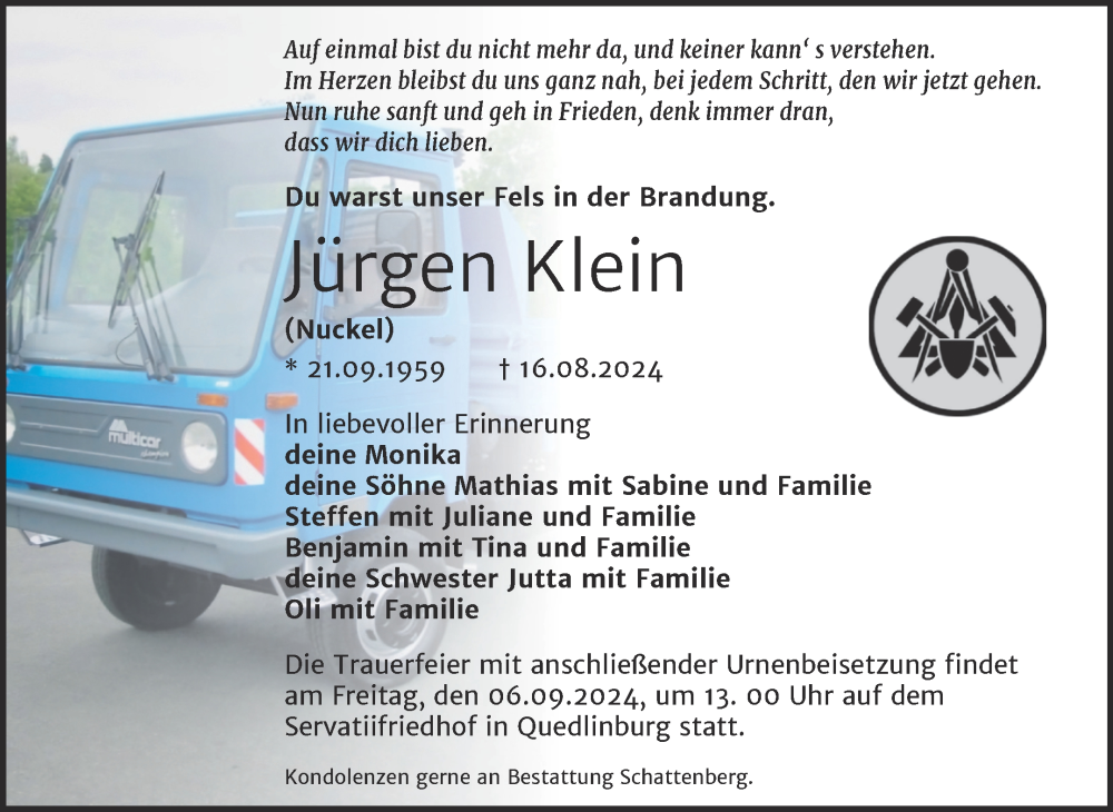  Traueranzeige für Jürgen Klein vom 24.08.2024 aus Trauerkombi Quedlinburg