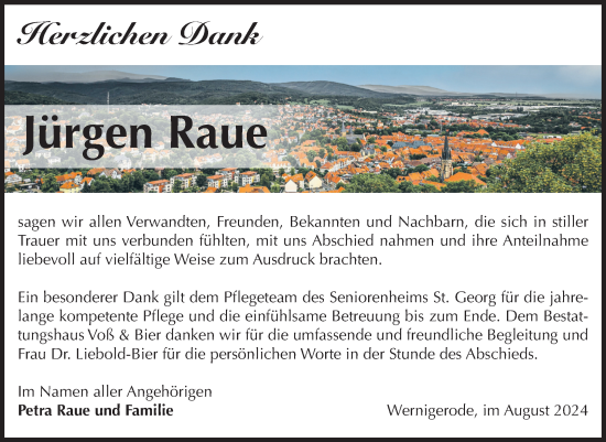 Traueranzeige von Jürgen Raue von Volksstimme Wernigerode